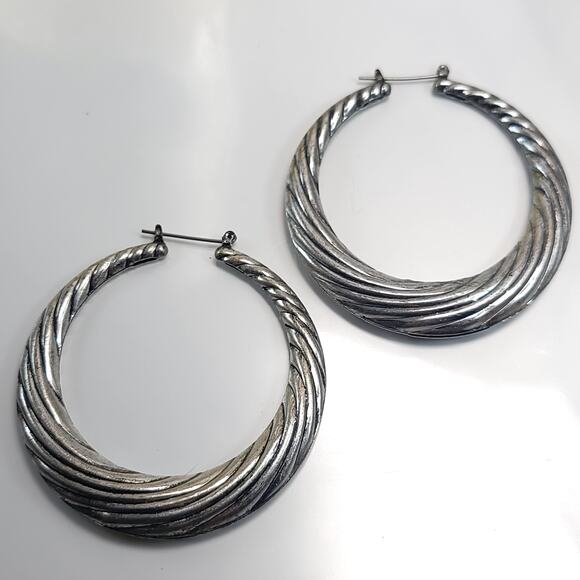 Vintage Textured Silver Hoop Earrings, Bold Large Statement Hoops for Women - Picture 6 of 10